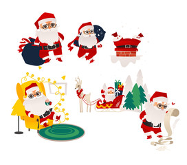 vector flat cartoon santa claus in christmas clothing riding reindeer flying sleigh, holding paper scroll, carrying presents bag, stuck in chimney, sitting in armchair set. Illustration isolated