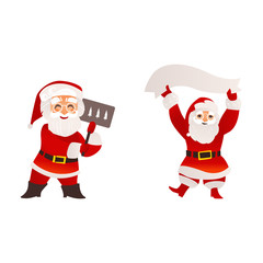 vector flat santa claus in christmas clothing holding paper scroll smiling, and standing with placard with spruce trees set. Holiday illustration isolated on a white background.