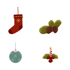 vector flat christmas holiday new year festive symbols set. spruce or fir tree branch with pine cone, stocking, decorative ball and candle with bow. Isolated illustration on a white background.