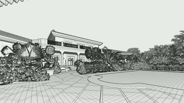 Villa with swimming pool for sale, sketch to RGB