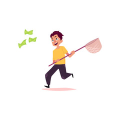 vector flat cartoon man running for money holding butterfly net. Male character in casual clothing chasing, trying to catch for dollar note. Isolated illustration on a white background.