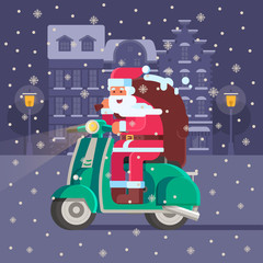 Santa Claus riding winter scooter on snowy Europe city background. Christmas motor bike with Father Frost delivering presents. Xmas bike congratulation card template.