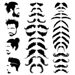 Set of barbershop images. Mustaches, beards, fashionable haircuts and hairstyles for barbershop clients. Vector Illustration