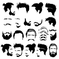 Set of barbershop images. Mustaches, beards, fashionable haircuts and hairstyles for barbershop clients. Vector Illustration