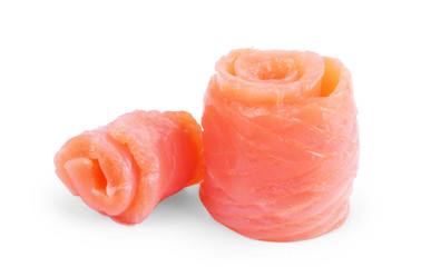 Two slices of red fish with rosemary on a white  background. Closeup. on a white