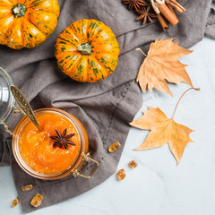 Fall autumn pumpkin jam confiture with spices