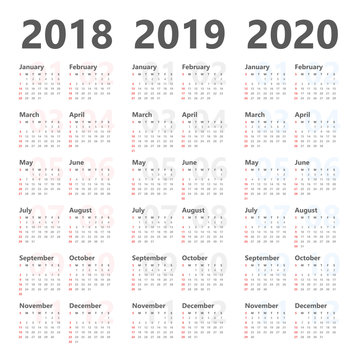 Calendar for next 3 years 2018 to 2020.Vector Design Template Stationary. Week Starts Sunday.
