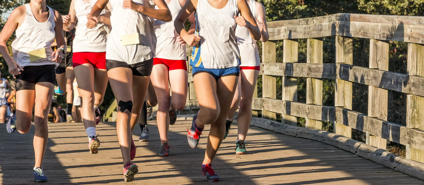 High School Cross Country Girls Race Over A Bridge