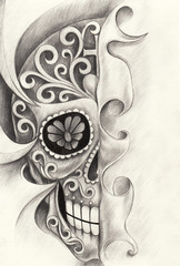 Art surreal skull tattoo. Hand pencil drawing on paper.