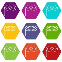 Carnival mask icon set color hexahedron