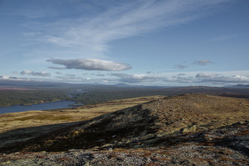 A beautiful mountain landscape in autumn in central Norway. Beautiful, colorful scenery high above the sea level.