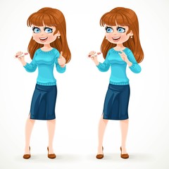 Cute brunette woman stands on a white background and shows a positive pregnancy test. In two variations