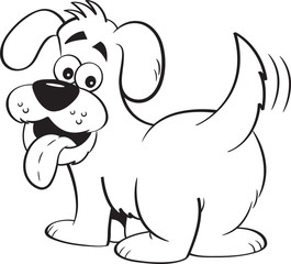 Black and white illustration of a happy dog looking backwards.