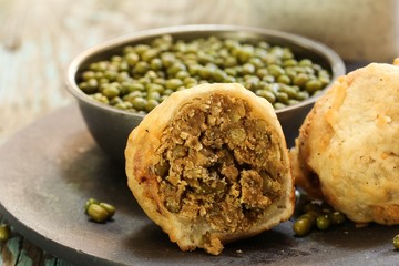 Sukhiyan - Deep fried Kerala snack with Mung beans filling, selective focus