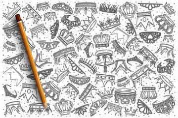 Hand drawn Crowns vector doodle set background
