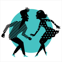 rock'n'rol_silhouette/Silhouette of a dancing couple on a blue background.