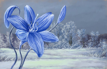 Magic blue flower, winter paintings  landscape, fairy tale, fantasy