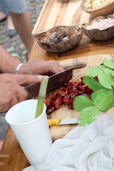 Thai traditional cooking, dried chilli cut slide on wooden chopping board.