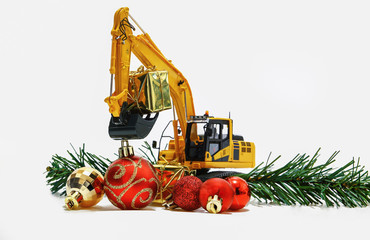 Christmas ornament and Excavator model ,  Holiday celebration concept new year on white background