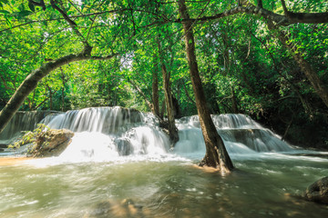 Beautiful Huai Mae Khamin waterfall in the rainy season, With a lot of water, Kanchanaburi Province, Thailand.