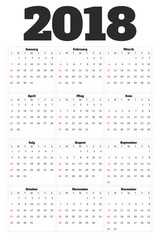 Vertical calendar 2018 year simple style. Week starts from sunday.