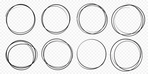 Tuinposter Hand drawn circle line sketch set. Vector circular scribble doodle round circles for message note mark design element. Pencil or pen graffiti  bubble or ball draft illustration © Ron Dale