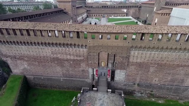 Aerial video of the famous Sforza castle, one of the symbols of the city of Milan, Italy