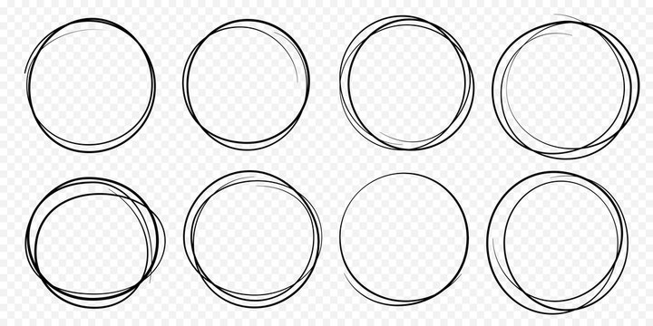 Hand drawn circle line sketch set. Vector circular scribble doodle round circles for message note mark design element. Pencil or pen graffiti  bubble or ball draft illustration