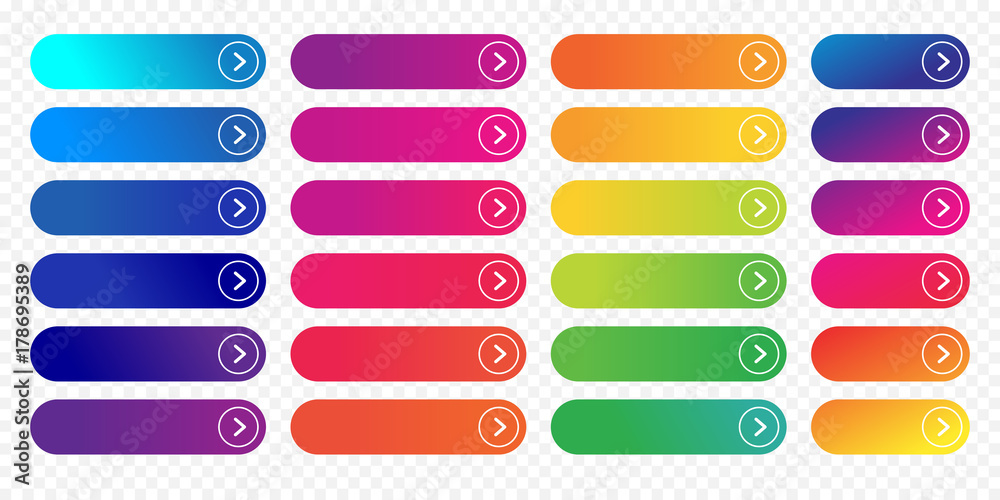 Aufkleber Web buttons flat design template with color gradient and thin line outline style. Vector isolated rectangular rounded web page next arrow button elements set on transparent background