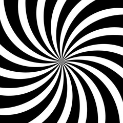 Hypnotic swirl lines spin or circular motion optical illusion spiral pattern. Vector background of black and white rotating circles or psychedelic hypnosis lines in hypnotic motion