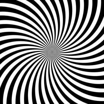 Hypnotic swirl lines or vortex spin or black and white circular motion twirls. Vector optical illusion pattern background of spiral rotating psychedelic hypnosis lines in hypnotic motion