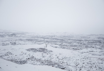 Obraz premium A beautiful Norwegian landscape in first snow in autumn. White, snowy scenery.