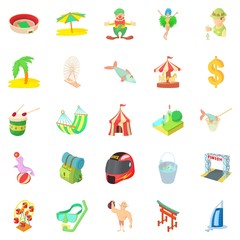 Experienced camper icons set, cartoon style