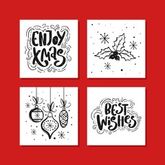 Hand drawn collection of Christmas and New Year greeting cards. Black and white lettering with holiday elements.