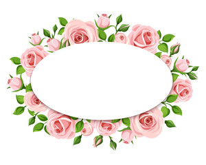 Vector white card with pink roses and green leaves.
