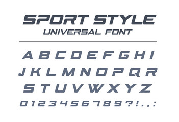 Sport style universal font. Fast speed, futuristic, technology, future alphabet. Letters and numbers for military, industrial, electric car racing logo design. Modern minimalistic vector typeface - 178696708