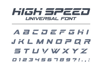 High speed universal font. Fast sport, futuristic, technology, future alphabet. Letters and numbers for military, industrial, electric car racing logo design. Modern minimalistic vector typeface - 178696754