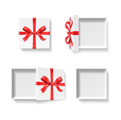 Empty open gift box with red color bow knot, ribbon isolated on white background. Happy birthday, Merry Christmas, New Year, Wedding or Valentine Day package concept. Vector illustration 3d top view