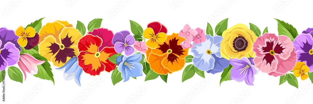 Wall mural Vector horizontal seamless background with colorful pansy, bluebell and lilac flowers and green leaves.