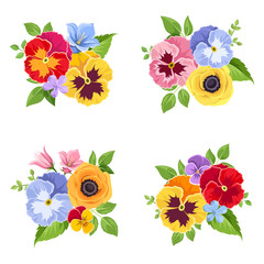 Vector set of colorful pansy and bluebell flowers and green leaves.