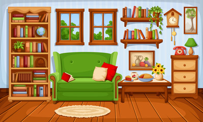 Vector cozy living room interior with a sofa and a bookcase.