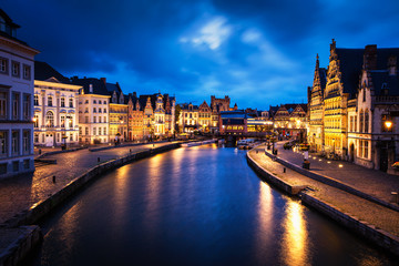 Fototapeta na wymiar Graslei street and canal in the evening. Ghent, Belgium