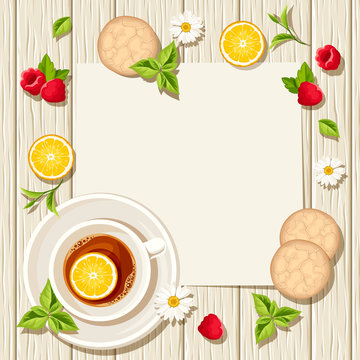 Vector card with cup of tea, cookies, lemons, raspberries and leaves on a wooden background.