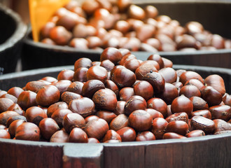 Chestnuts (Sterculia monosperma) roasting. Selective focus