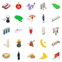 Asian vacation spot icons set, isometric style