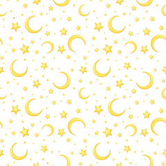 Vector seamless pattern with yellow stars and crescents on a white background. - obrazy, fototapety, plakaty