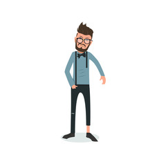 Exhausted and completely wiped out cartoon guy in casual clothes, gesturing. Vector illustration. Modern flat design.