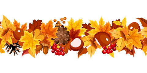 Vector horizontal seamless garland with orange, yellow and brown autumn leaves on a white background. © naddya