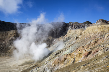 Mass amounts of sulphuric gasses coming out of the caldera of Mount Egon in Indonesia.