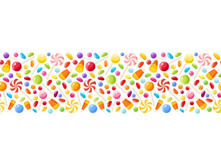 Vector horizontal seamless background with colorful Halloween candies.
